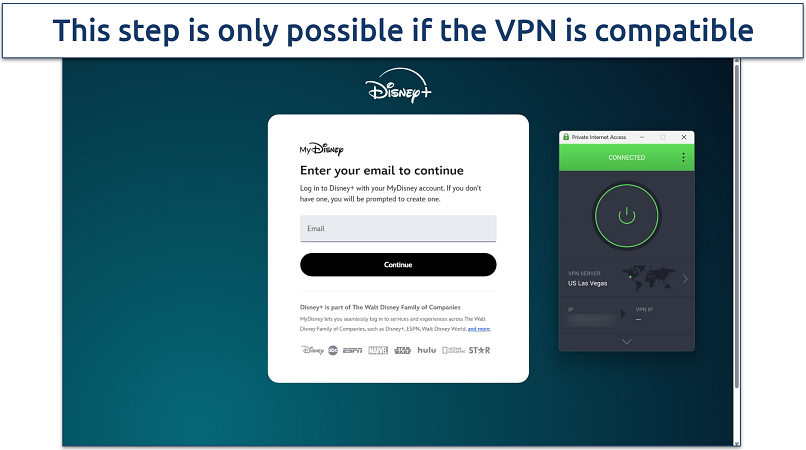 Screenshot of the Disney+ login page being visiting while connected to PIA's Las Vegas server