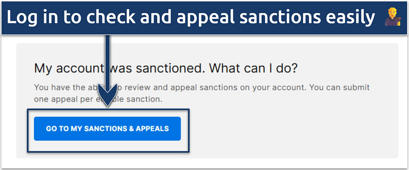 A screenshot of the sanctions and appeals button on Epic Games' safety page