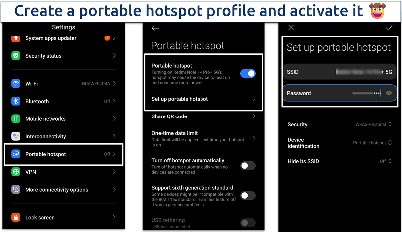 Screenshots of portable hotspot activation settings on Android