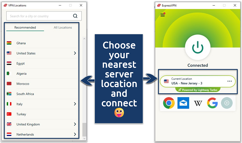 Screenshots showing  VPN server list and connected app 