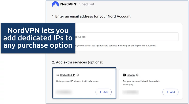 Screenshot of NordVPN's check out screen highlighting where you can add dedicated IPs