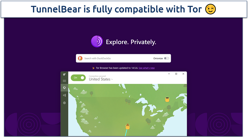 Screenshot of TunnelBear connected to the United States server while using DuckDuckGo on the .onion browser