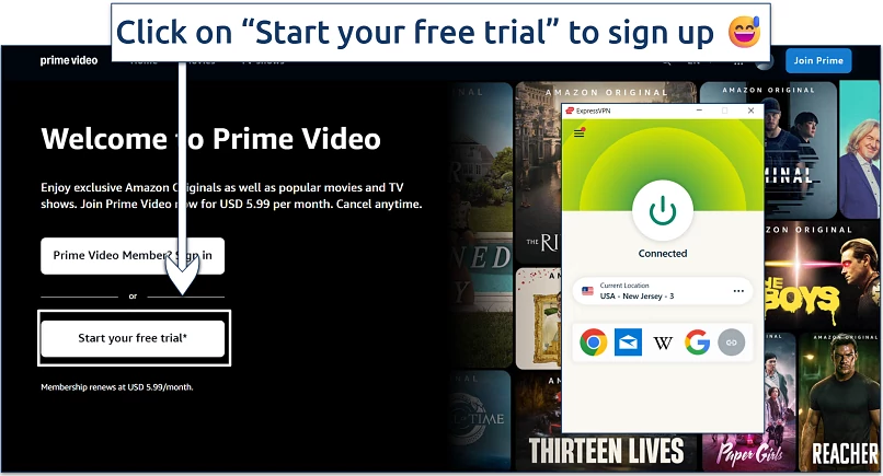 Screenshot of Prime Video website opened with ExpressVPN connected to the Germany server