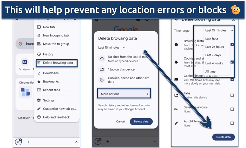  Step-by-step screenshots showing how to delete browsing data in Chrome