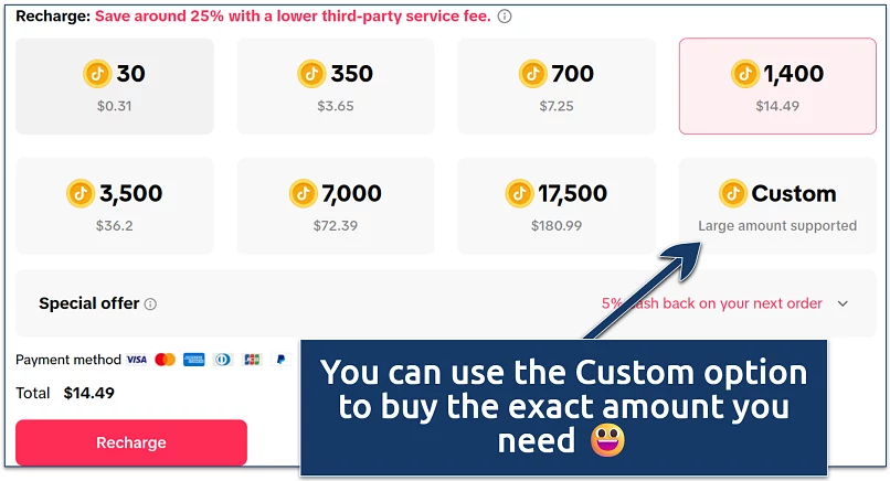 Screenshot of TikTok recharge page highlighting coin bundle options