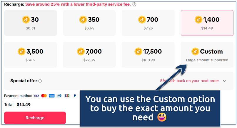 Screenshot of TikTok recharge page highlighting coin bundle options