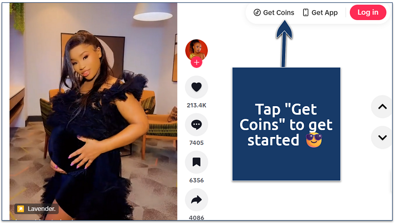 Screenshot showing the TikTok interface with an arrow pointing to the “Get Coins” button at the top right