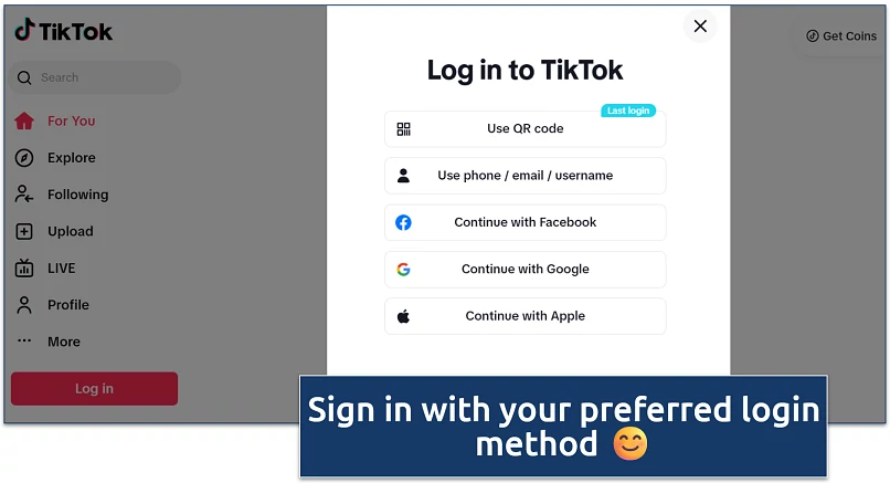 Screenshot of TikTok login page showing login options