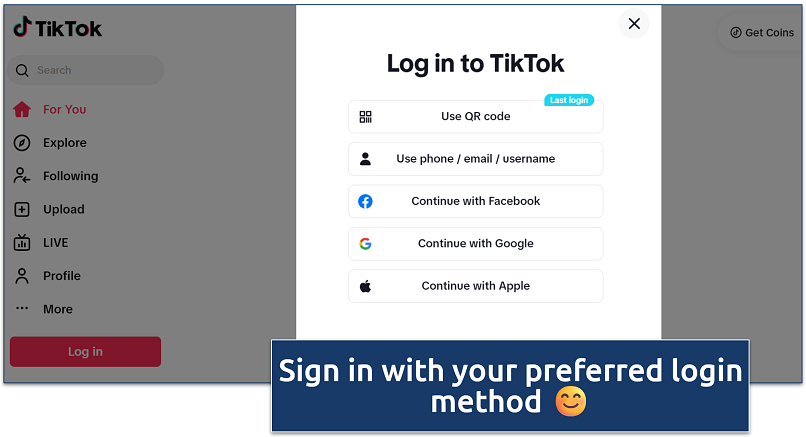Screenshot of TikTok login page showing login options