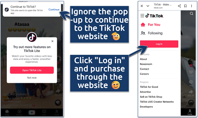 Screenshots showing TikTok login flow on mobile: TikTok Lite popup, continue to app, and login page