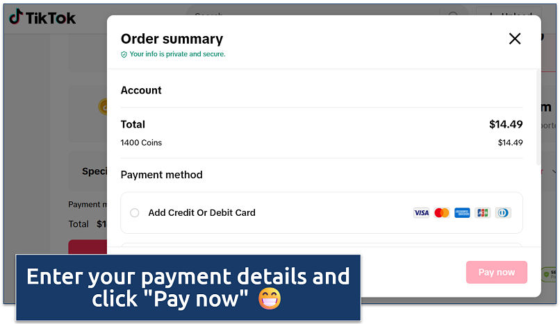 Screenshot of TikTok order summary showing purchase together with payment options