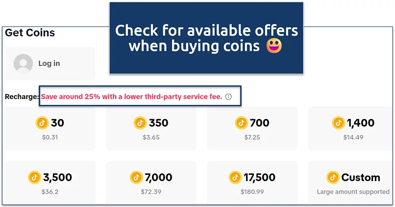 Screenshot of TikTok coin recharge page showing different purchase options