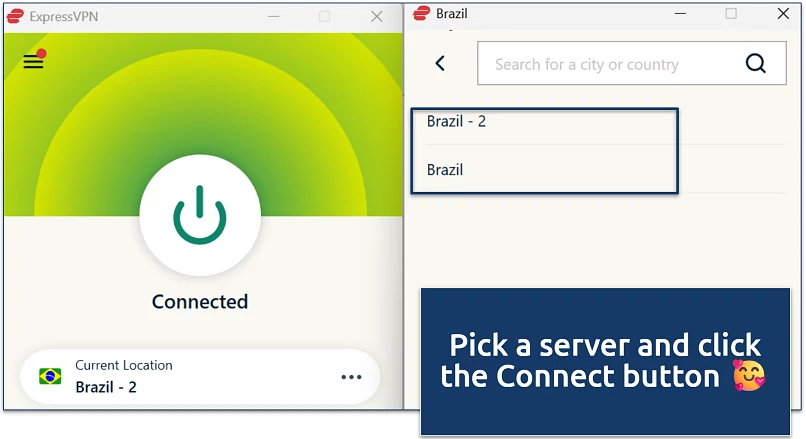 Screenshot of a VPN app connected to Brazil, showing the location selection menu for choosing different servers