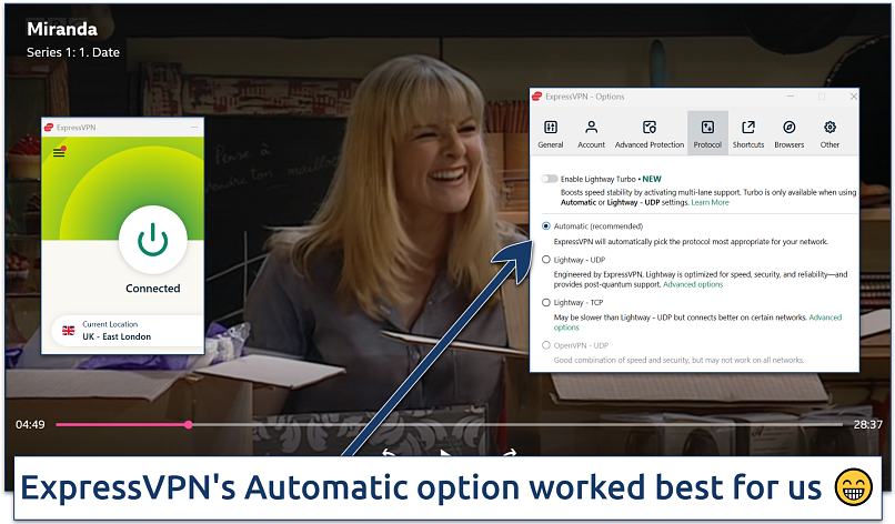 Screenshot of the ExpressVPN connected to a server in the UK streaming Miranda on BBC iPlayer