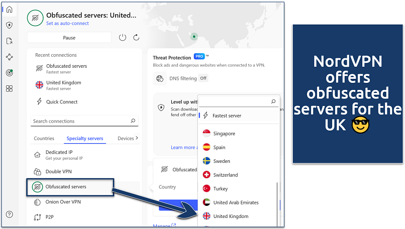 Ascreenshot showing how to access NordVPN's UK obfuscated servers
