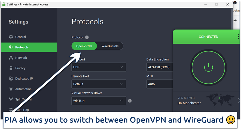 A screenshot showing how to change protocols on PIA VPN