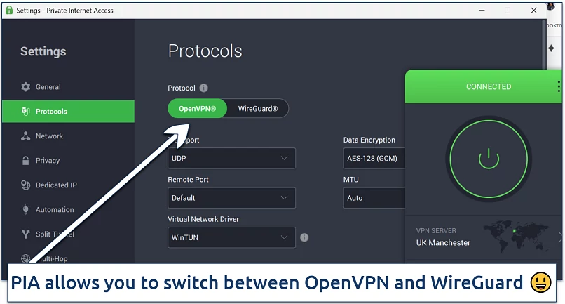 A screenshot showing how to change protocols on PIA VPN