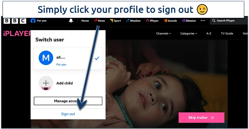 Screenshot of BBC iPlayer homepage showing how to sign out