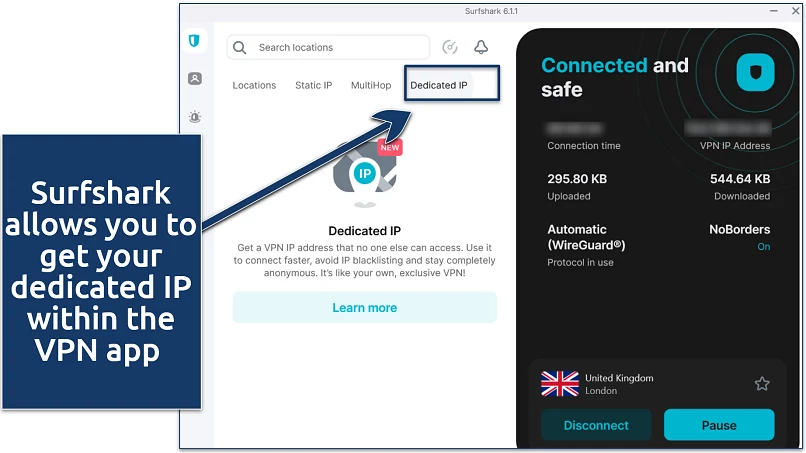 Ascreenshot of Surfshark VPN app showing how to get a dedicated IP address