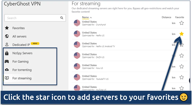 Screenshot of CyberGhost's list of specialized servers