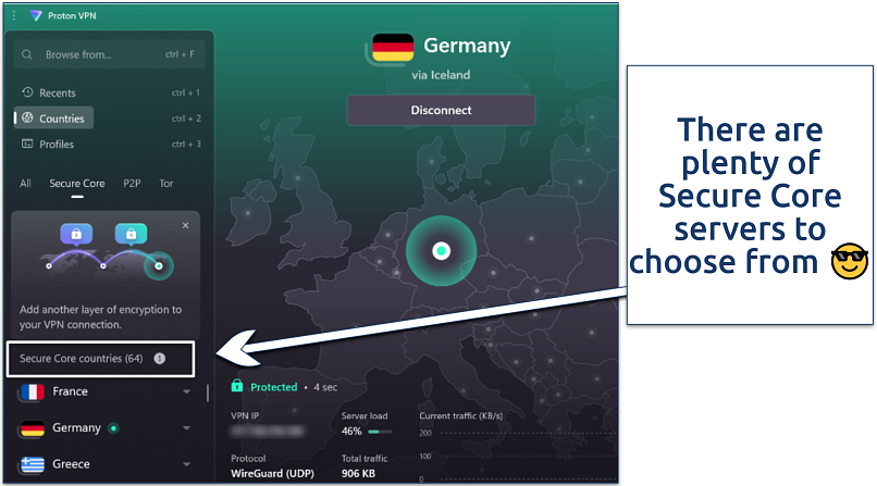 Screenshot of Proton VPN Windows app dashboard showing Secure Core servers