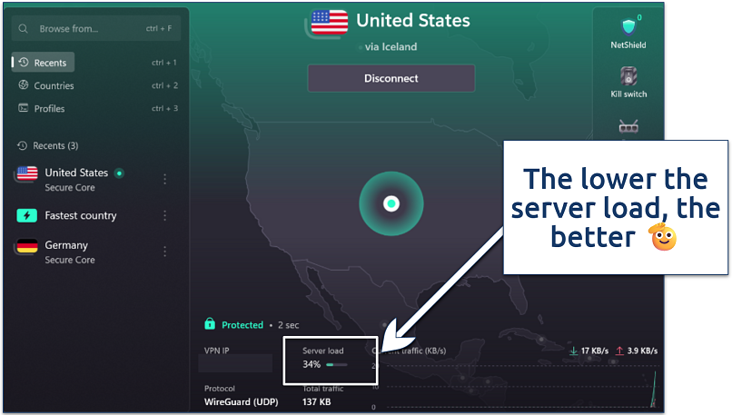 A screenshot of Proton VPN dashboard showing the VPN connected to a server in the US