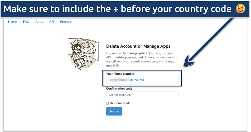 Screenshot showing the Delete Account or Manage Apps page on Telegram
