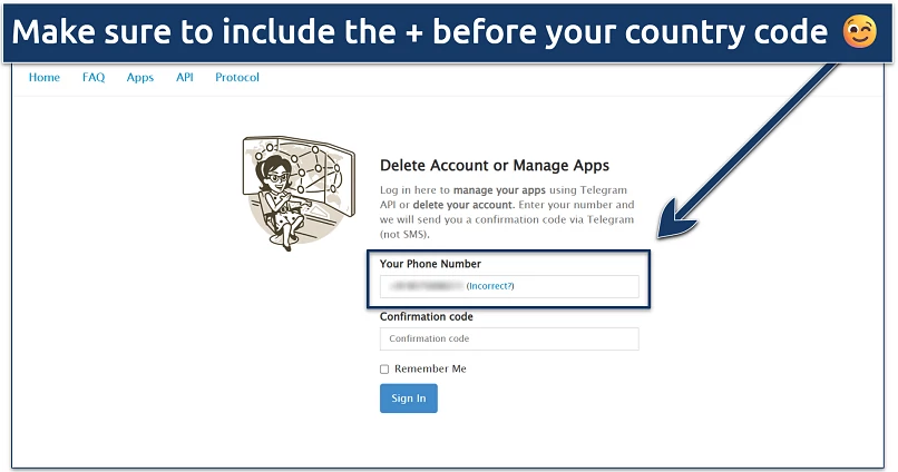 Screenshot showing the Delete Account or Manage Apps page on Telegram