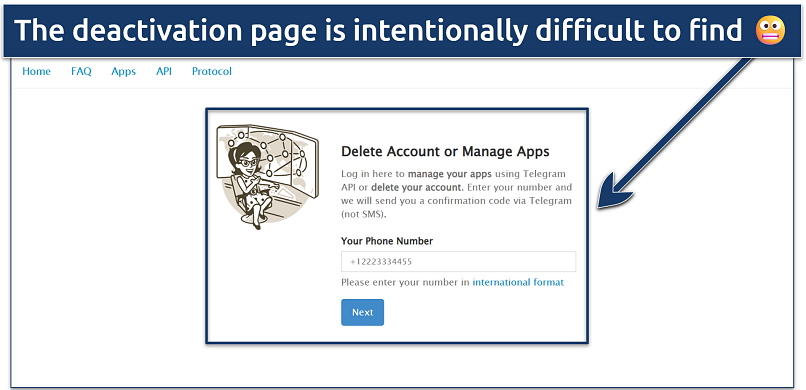 Screenshot showing the deactivation page on Telegram