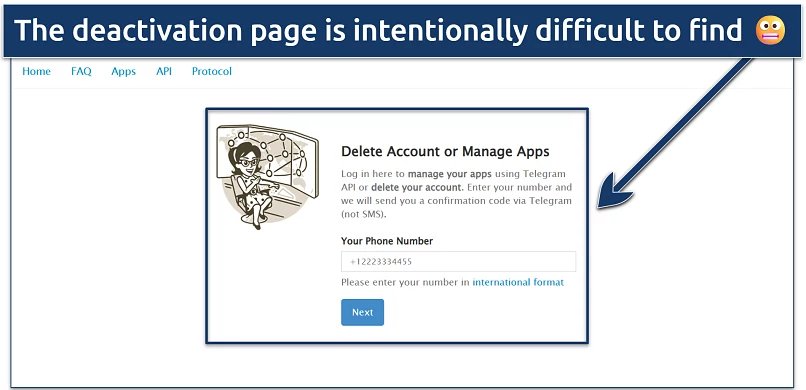 Screenshot showing the deactivation page on Telegram
