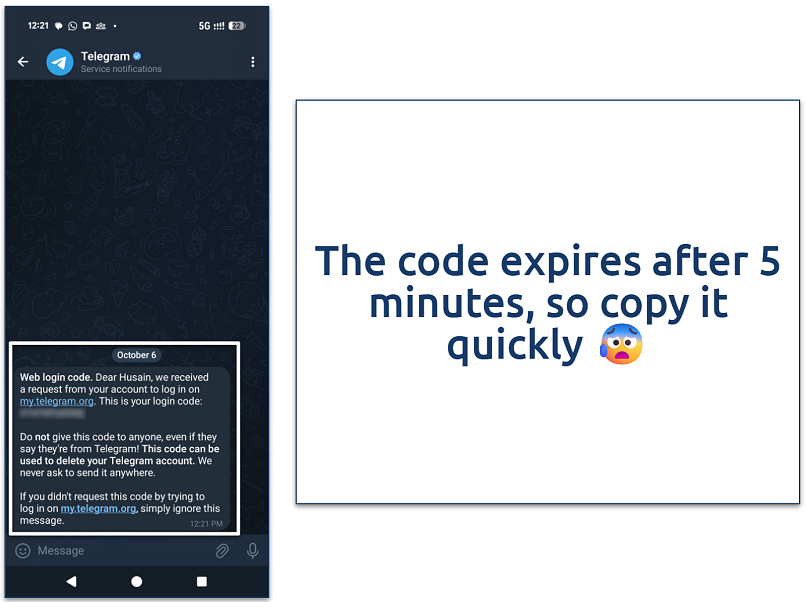 Screenshot showing the login code message on Telegram