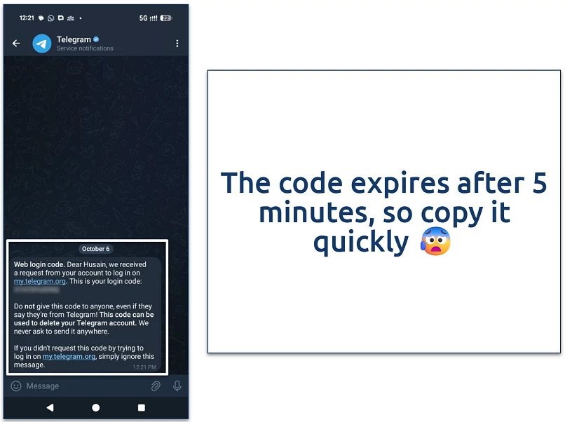 Screenshot showing the login code message on Telegram