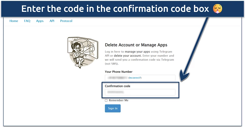 Screenshot entering the login code message on Telegram web page