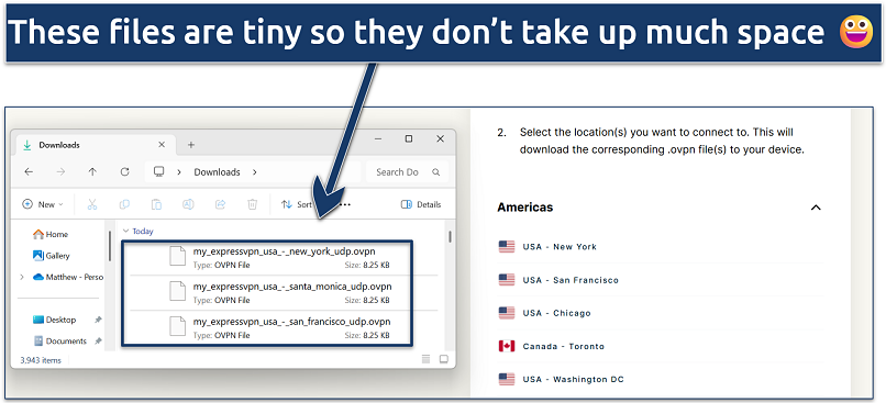 Screenshot of ExpressVPN's manual configuration server files and a shot of them showing up in a download folder