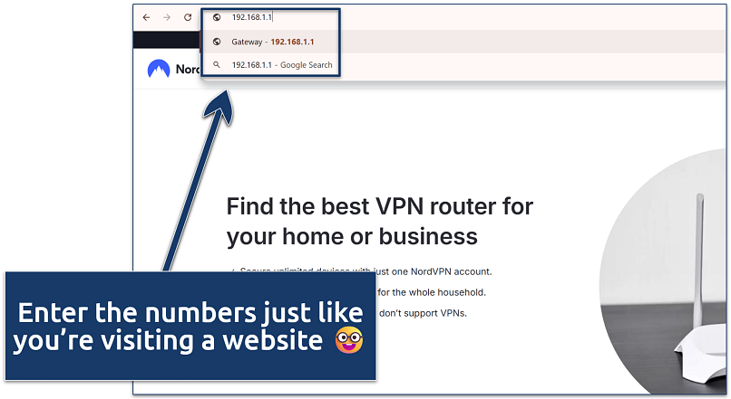 Screenshot of NordVPN's router page showing the numbers 192.168.1.1 being entered into the search bar to access the router login page