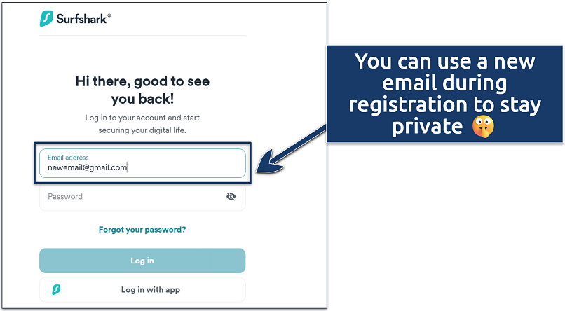 Screenshot of Surfshark's Log In screen from its website