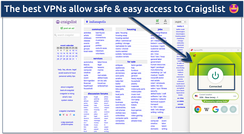 Screenshot of accessing Craigslist with ExpressVPN connected