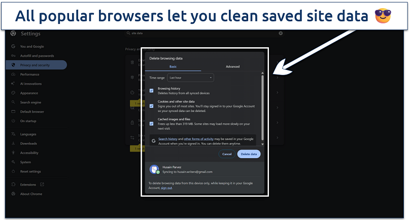 Screenshot of deleting browsing data and cache on the Chrome browser