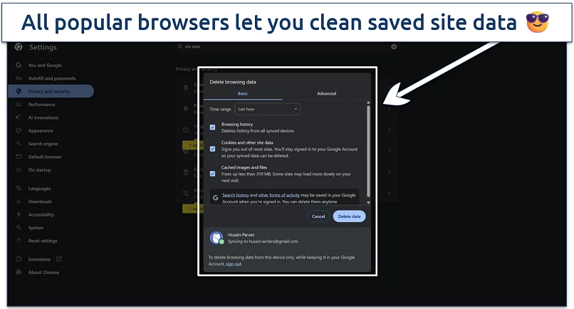Screenshot of deleting browsing data and cache on the Chrome browser