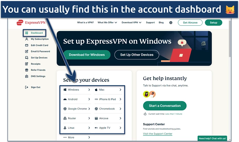 Screenshot of a VPN app's account dashboard with the “Set Up Your Devices” panel highlighted