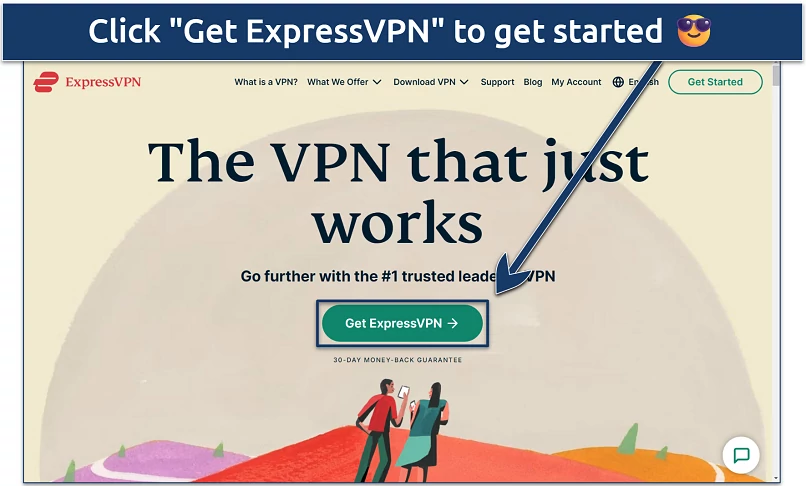 Screenshot of a VPN app's website homepage with the “Get ExpressVPN” button highlighted