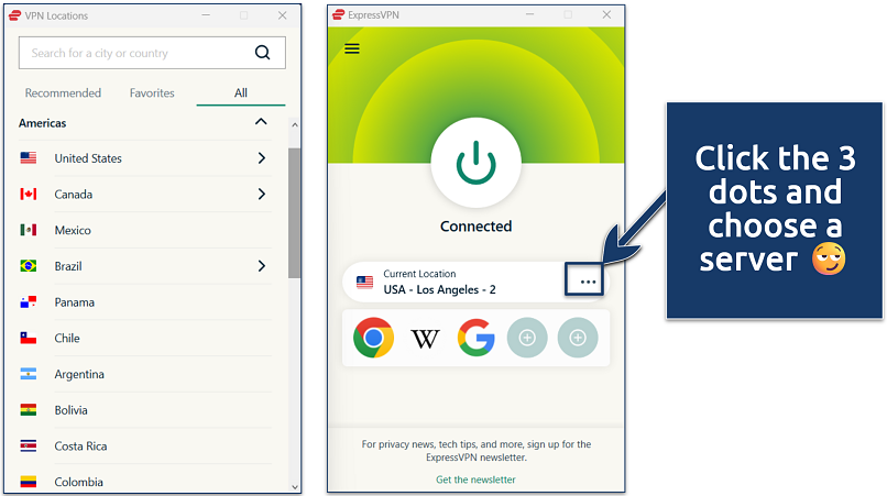 Screenshots of the ExpressVPN app for Windows connected to the USA – Los Angeles server, with the server location menu open
