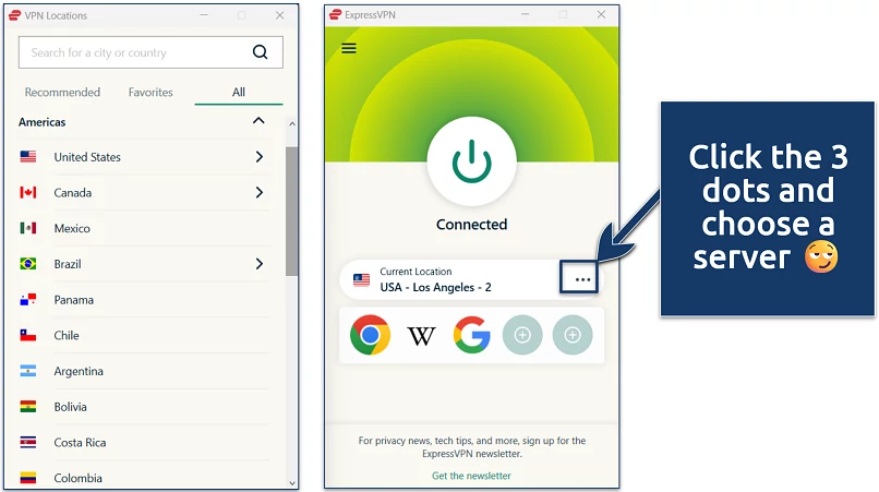 Screenshots of the VPN app for Windows connected to the USA – Los Angeles server, with the server location menu open