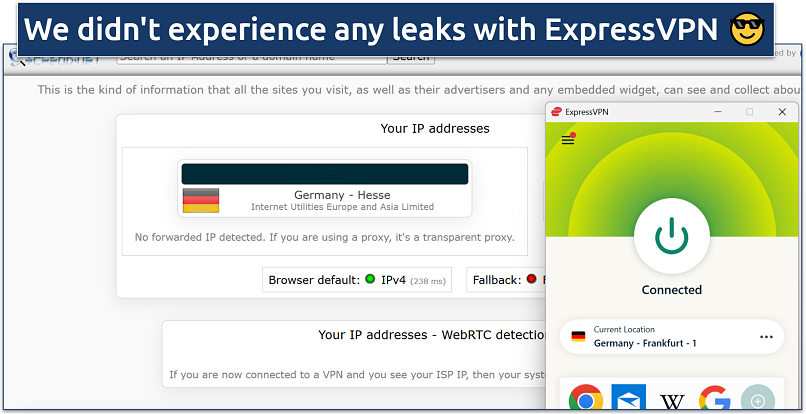 Screenshot showing ExpressVPN connected to Germany with verified IP address
