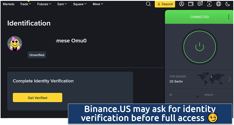 Screenshot of Binance identification page showing unverified status with VPN connected