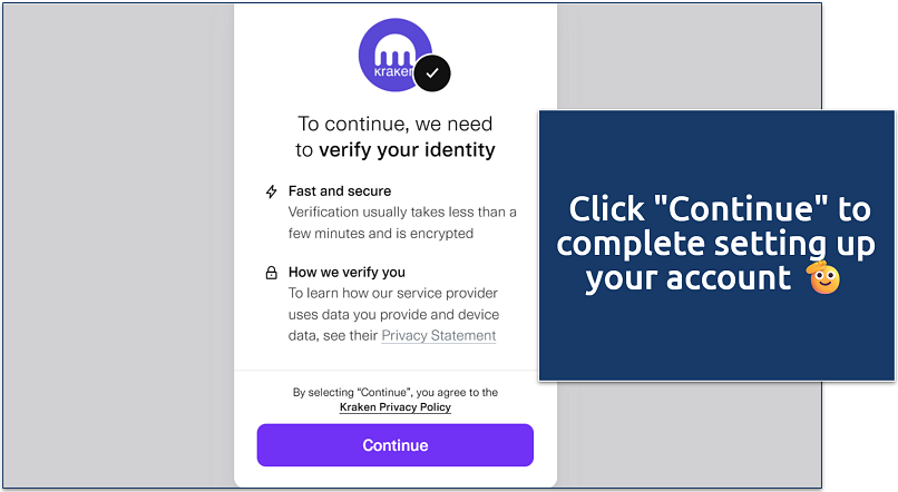 Screenshot of Kraken identity verification prompt with continue button
