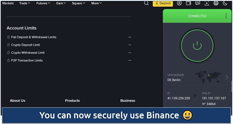 Screenshot of Binance account limits page with VPN connected to Berlin server