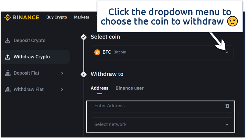 Screenshot of Binance withdrawal page showing Bitcoin address entry field