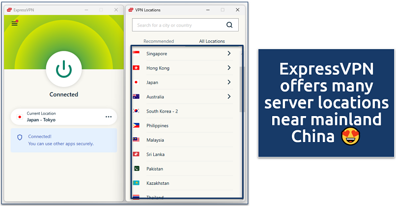 ExpressVPN connected to a Japan server with a location list and speed test results showing strong download and upload speeds.