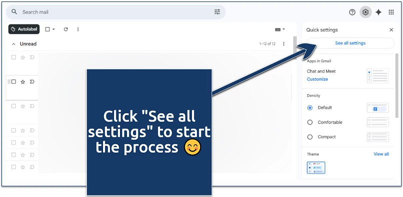 Gmail quick settings panel open with an arrow pointing to the “See all settings” option.